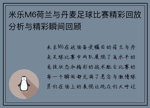 米乐M6荷兰与丹麦足球比赛精彩回放分析与精彩瞬间回顾