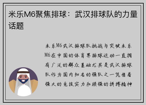 米乐M6聚焦排球：武汉排球队的力量话题