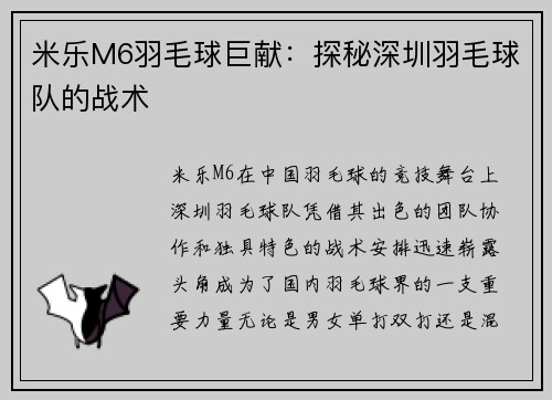米乐M6羽毛球巨献：探秘深圳羽毛球队的战术
