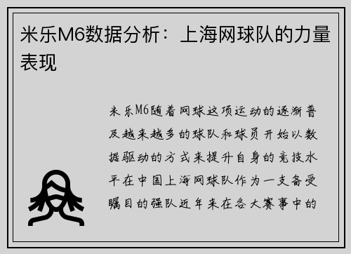米乐M6数据分析：上海网球队的力量表现
